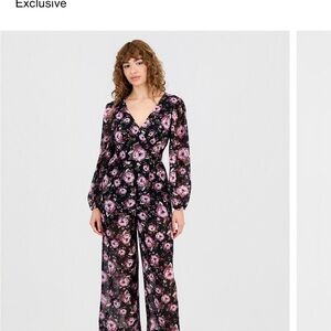 Black Floral V-Neck Long Sleeve Jumpsuit